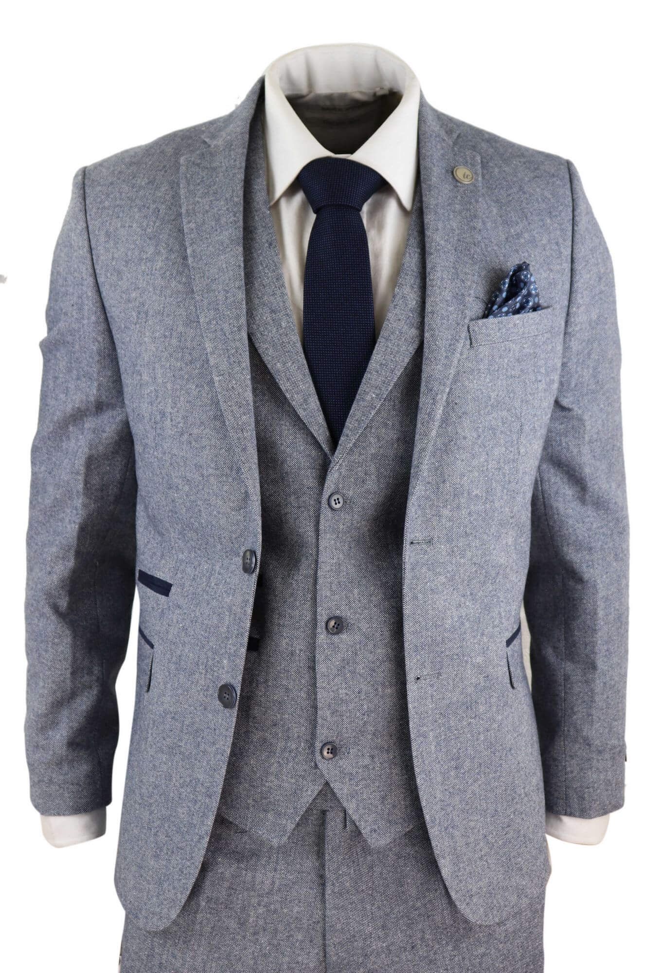 Terno masculino de tweed vintage azul claro de 3 peças - STZ13
