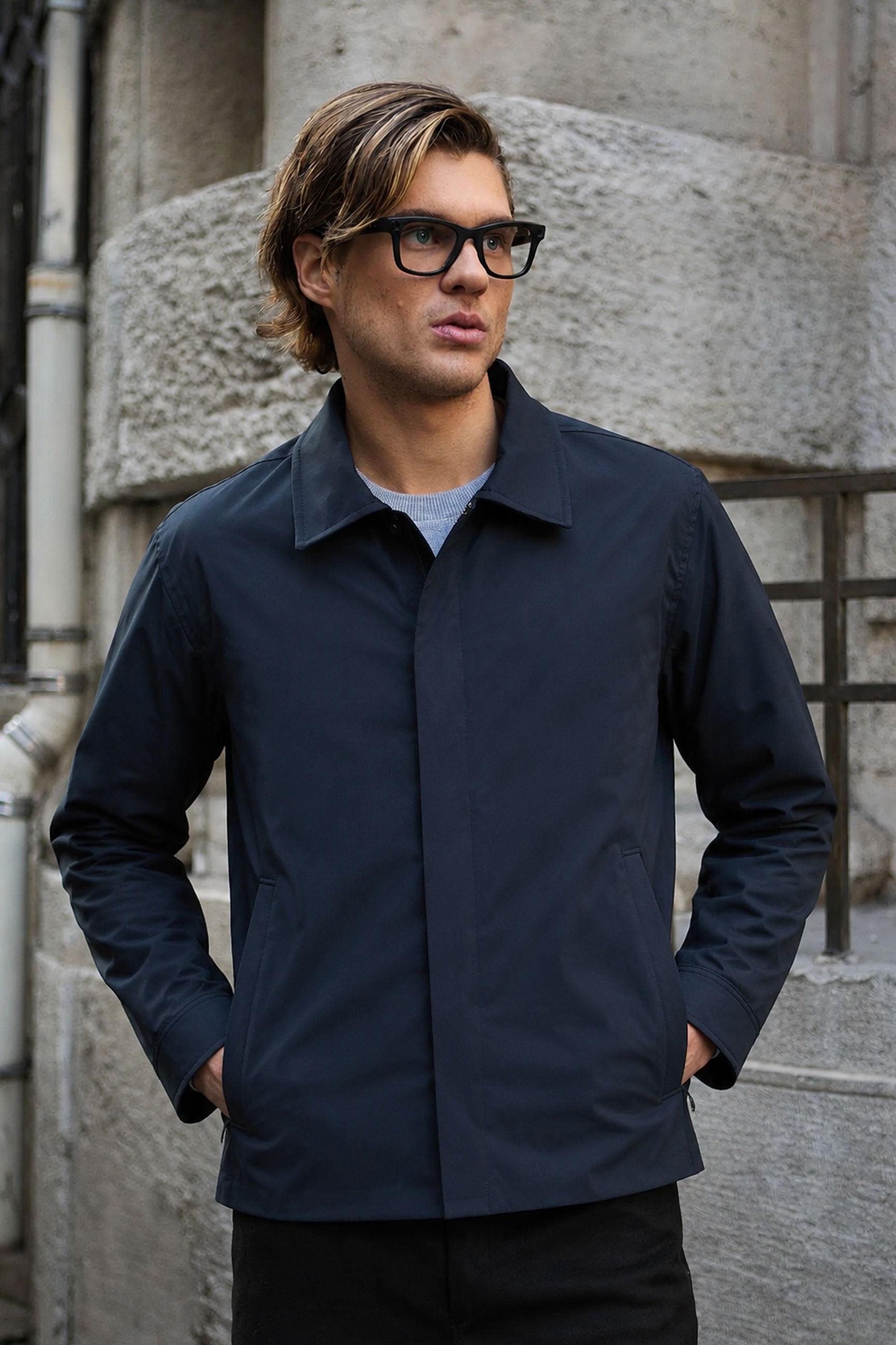 Jaqueta Harrington impermeável masculina azul marinho com gola