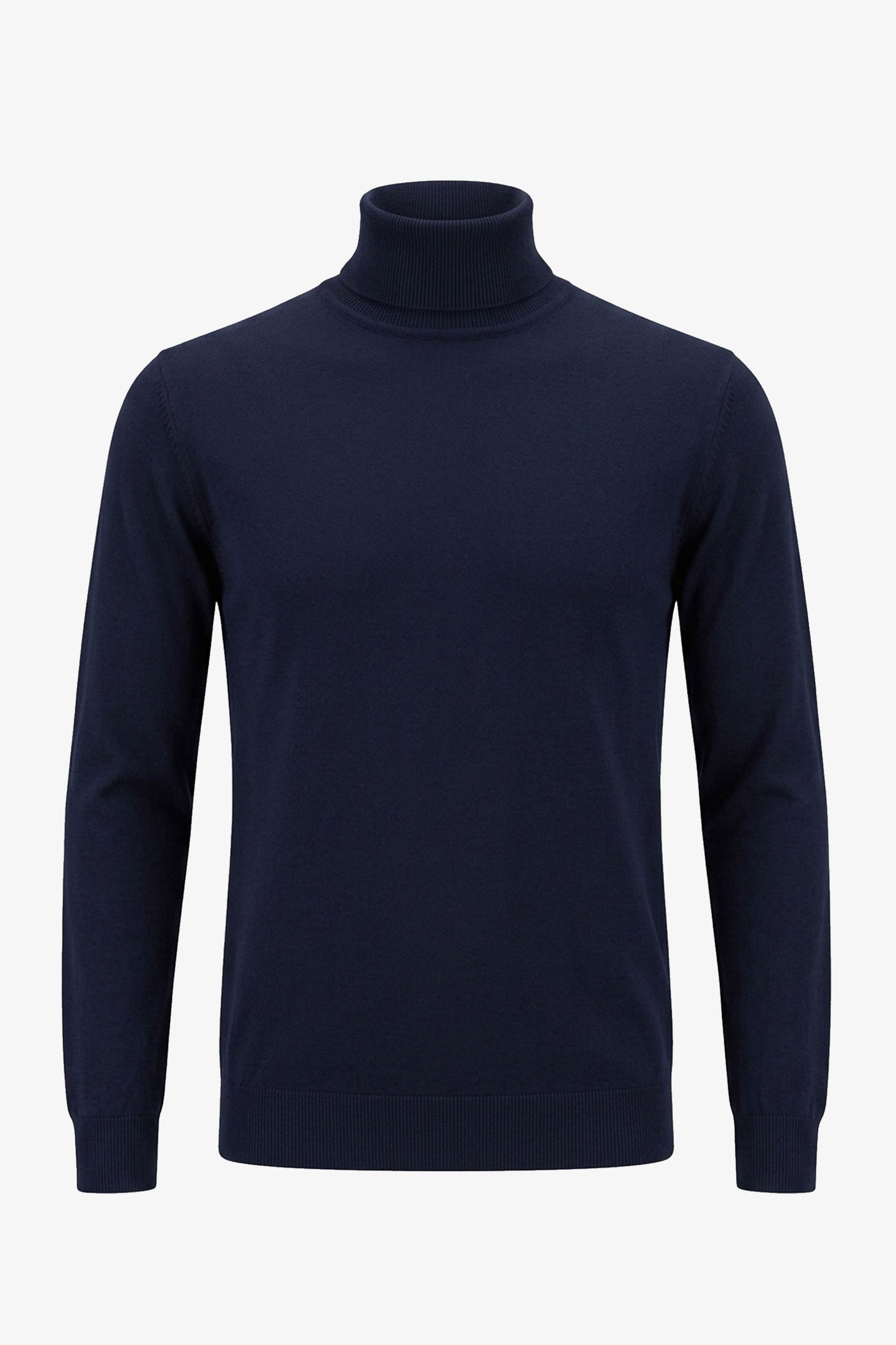 Suéter masculino de gola alta azul-marinho, em malha macia de viscose com mangas compridas.