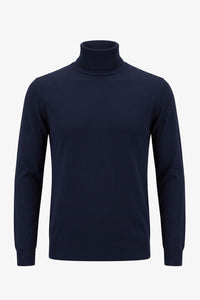 Suéter masculino de gola alta azul-marinho, em malha macia de viscose com mangas compridas.