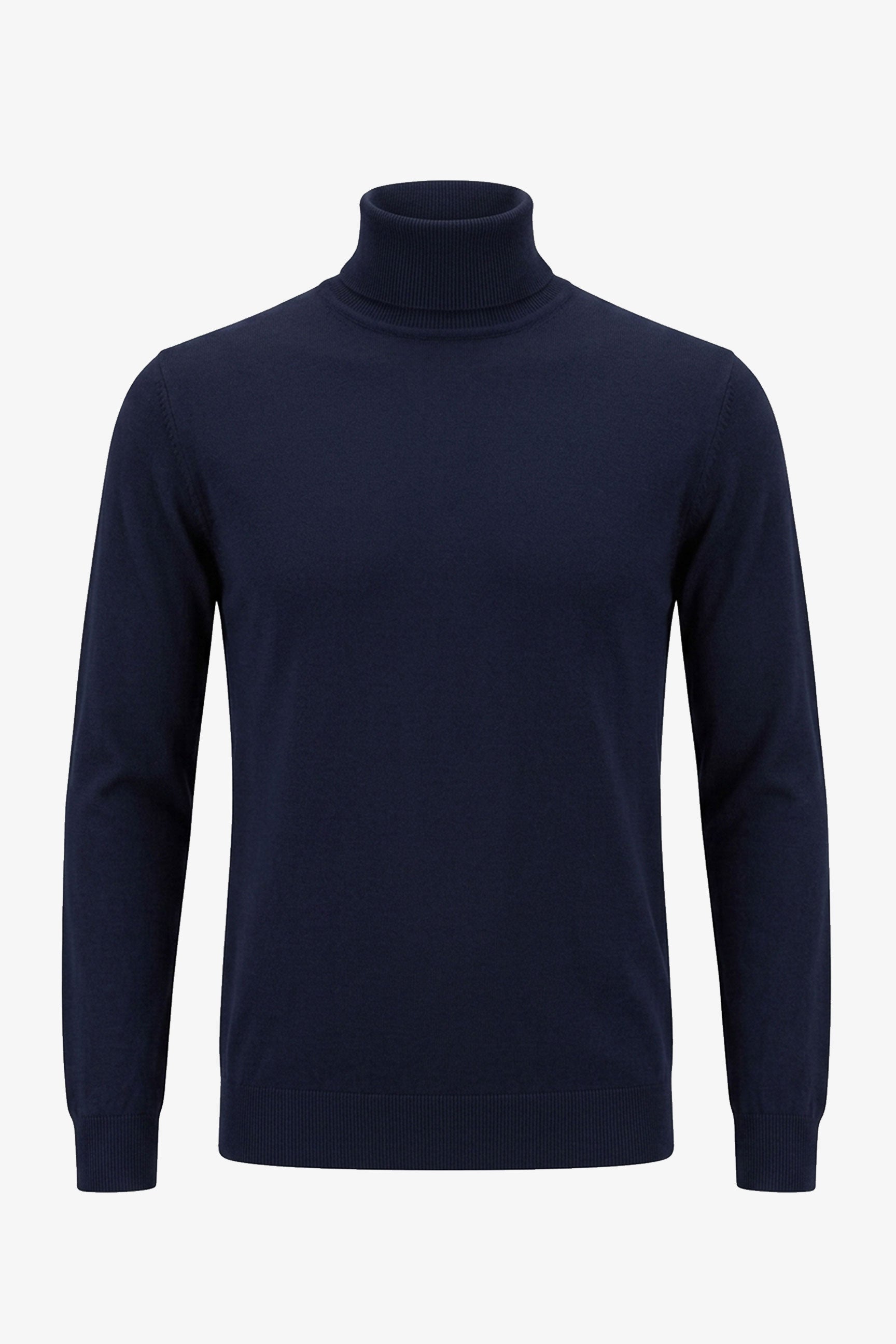 Suéter masculino de gola alta azul-marinho, em malha macia de viscose com mangas compridas.