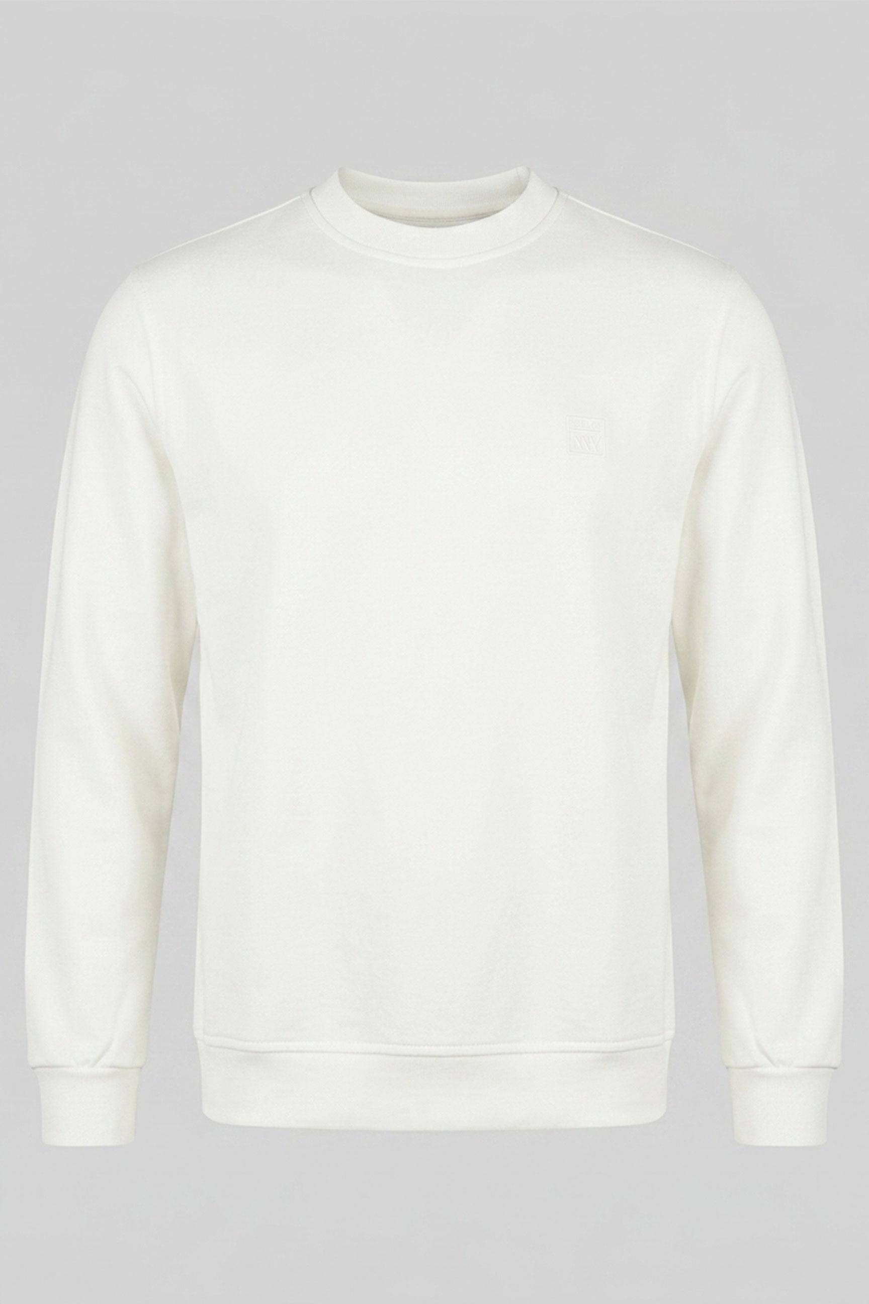 Moletom masculino Off White de algodão misto com gola redonda e mangas compridas, estilo pulôver elástico.
