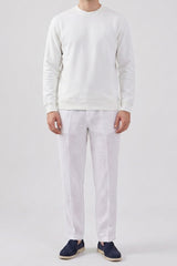 Moletom masculino Off White de algodão misto com gola redonda e mangas compridas, estilo pulôver elástico.