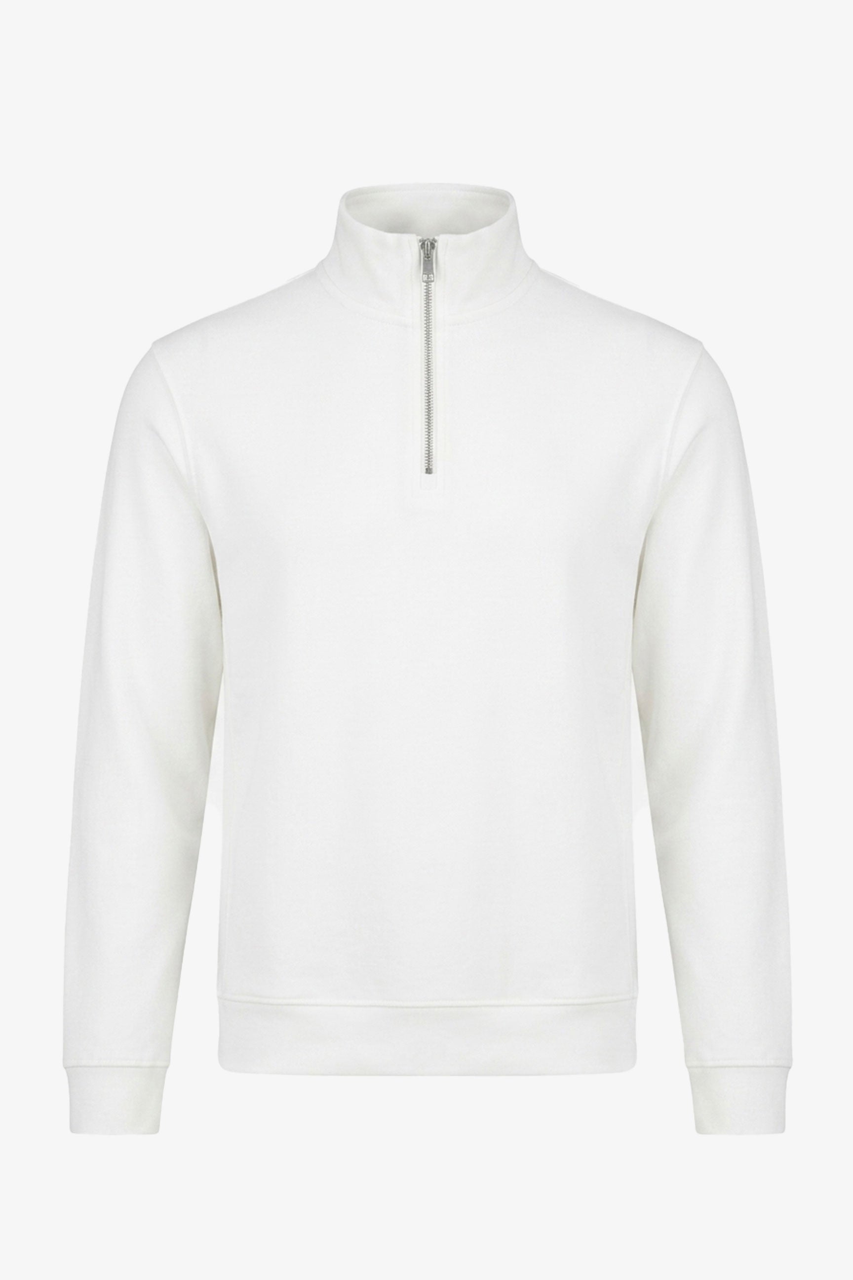 Moletom masculino Off White com zíper até o peito, gola alta e confeccionado em mistura de algodão.