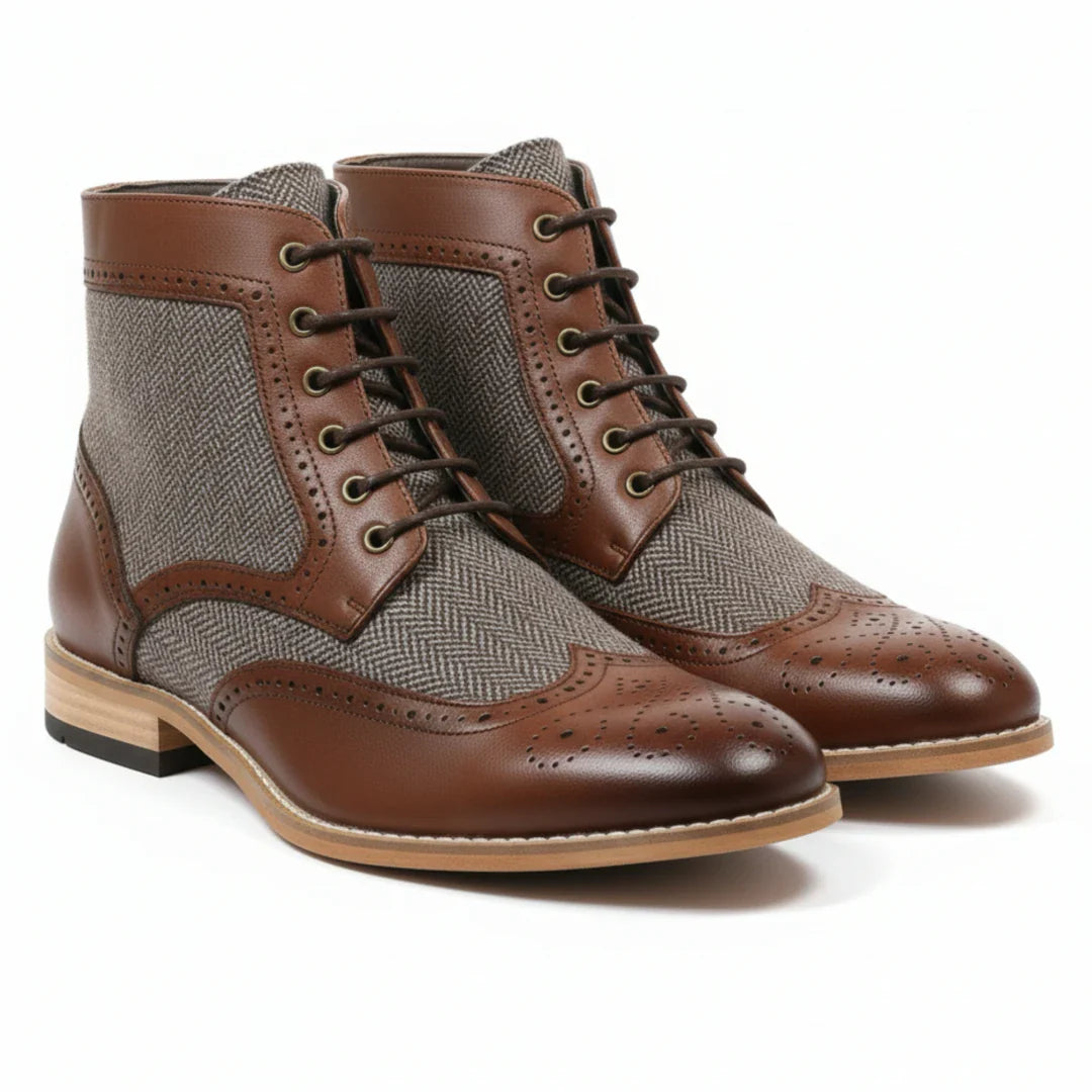 Botas de cano curto estilo brogue com bico de asa para homem