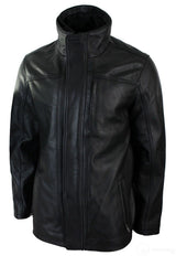 Jaqueta Safari Masculina 3/4 em Couro Legítimo com Zíper Duplo Removível, Preta