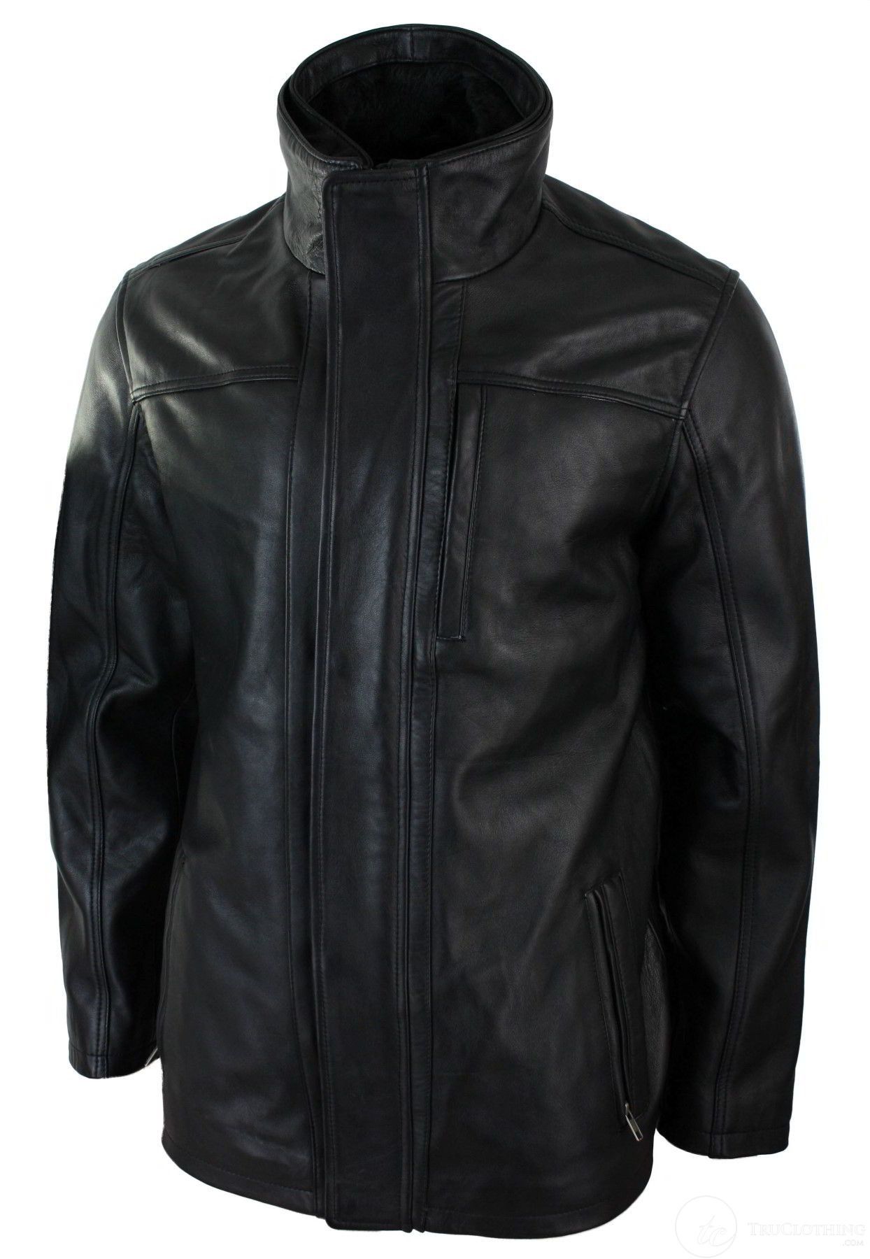 Jaqueta Safari Masculina 3/4 em Couro Legítimo com Zíper Duplo Removível, Preta