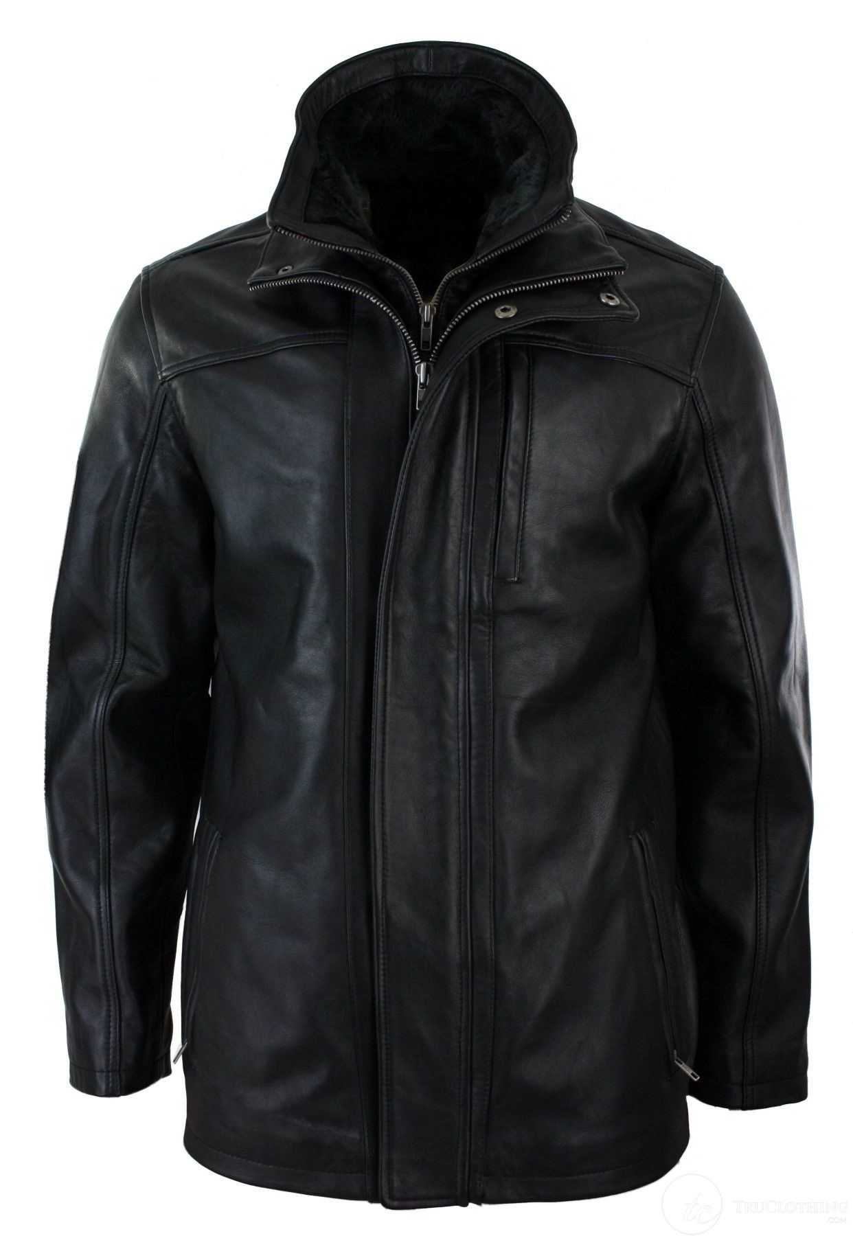 Jaqueta Safari Masculina 3/4 em Couro Legítimo com Zíper Duplo Removível, Preta