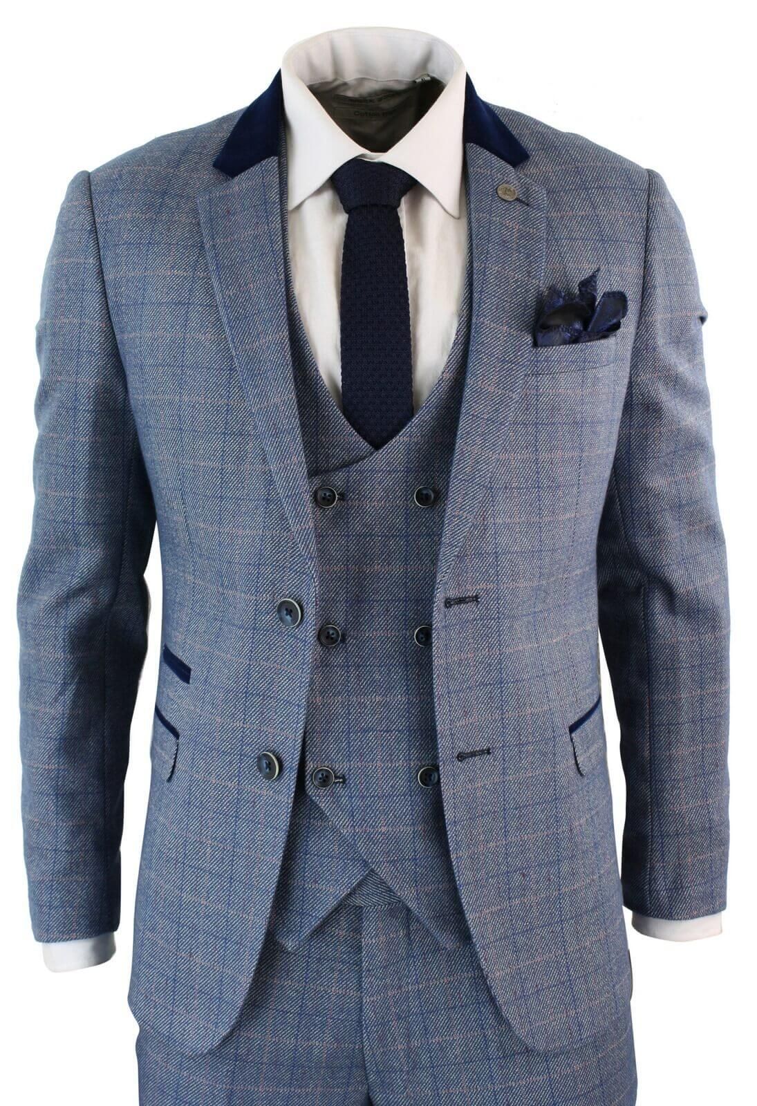 Terno masculino de três peças com estampa xadrez azul - Marc Darcy Hilton