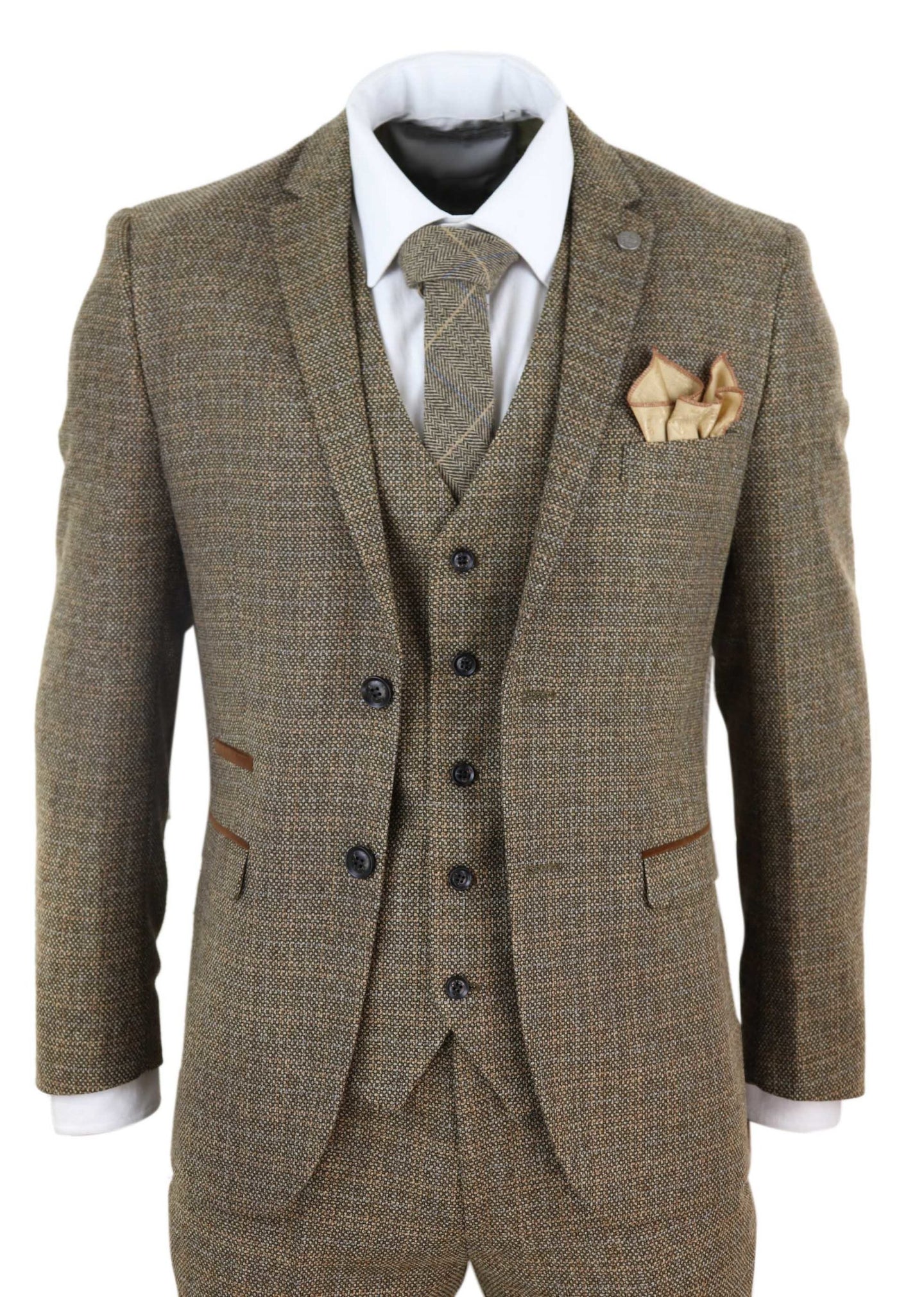 Terno masculino de tweed xadrez de 3 peças - Marrom