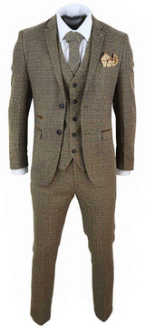 Terno masculino de tweed xadrez de 3 peças - Marrom