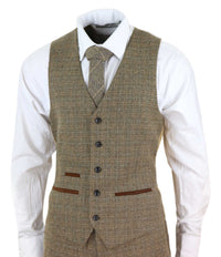 Terno masculino de tweed xadrez de 3 peças - Marrom