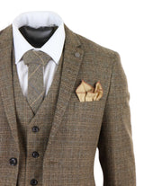 Terno masculino de tweed xadrez de 3 peças - Marrom
