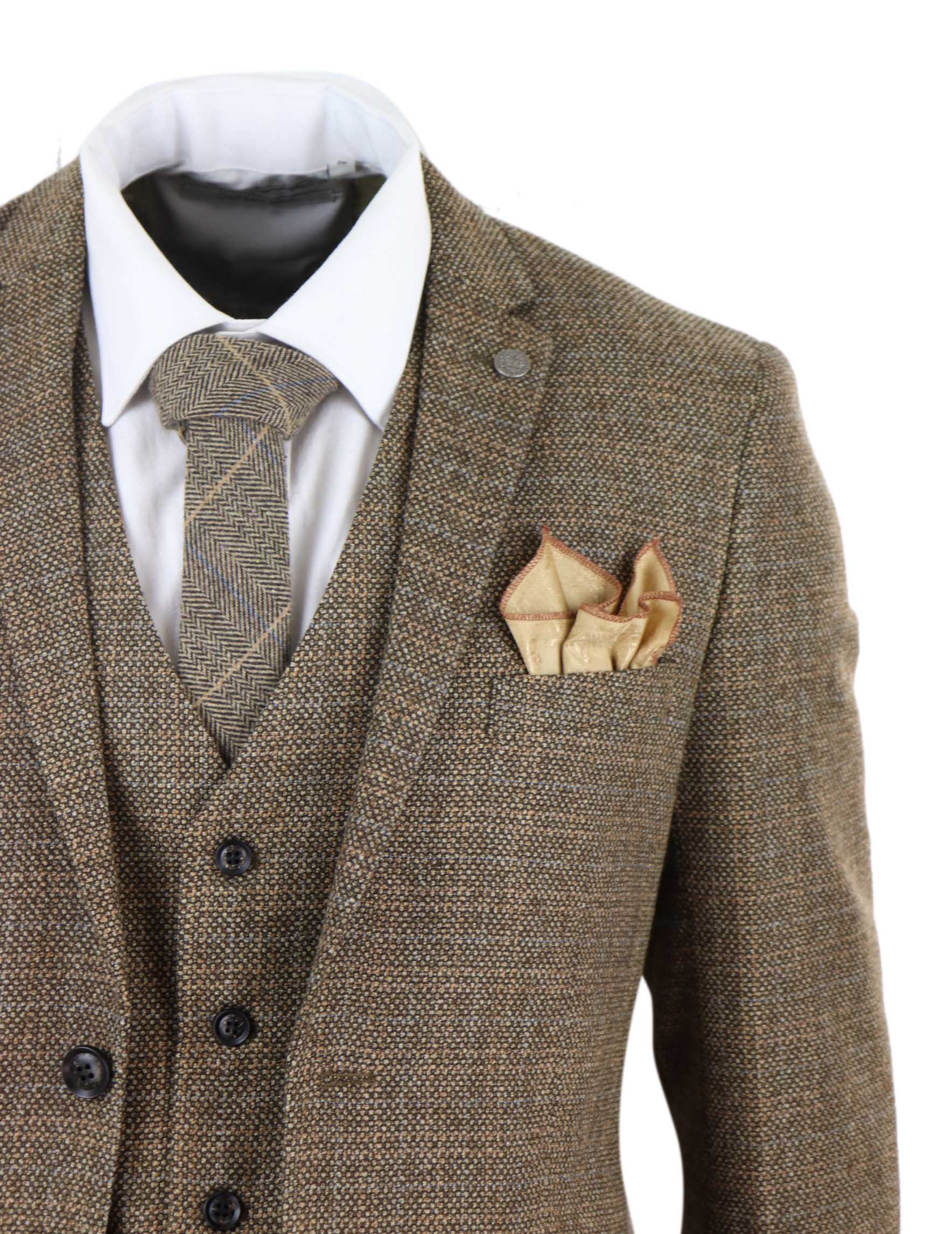Terno masculino de tweed xadrez de 3 peças - Marrom
