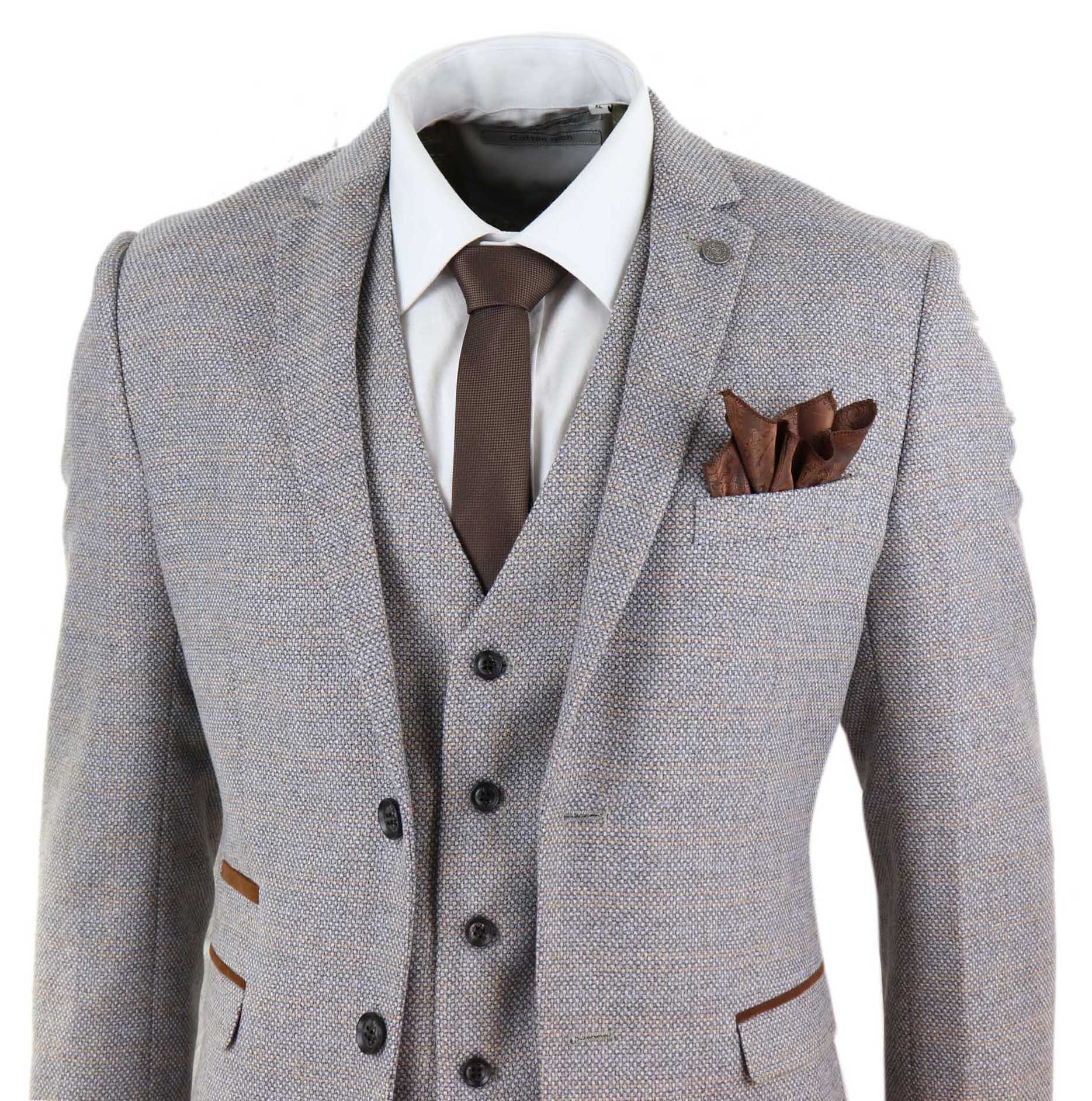 Terno masculino de tweed xadrez de 3 peças - Creme