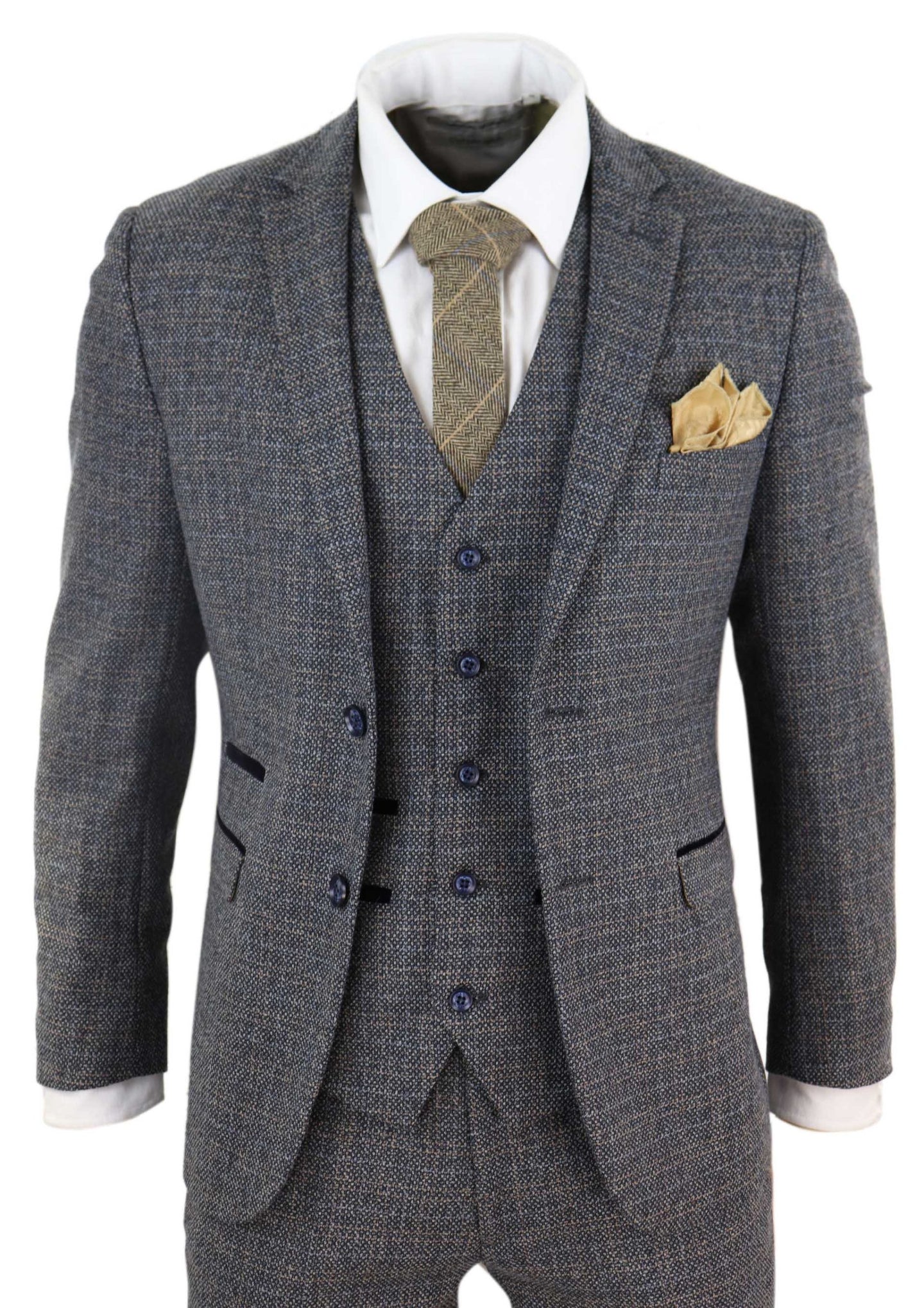 Terno masculino de tweed xadrez de 3 peças - Azul marinho
