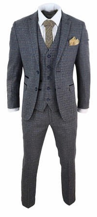 Terno masculino de tweed xadrez de 3 peças - Azul marinho