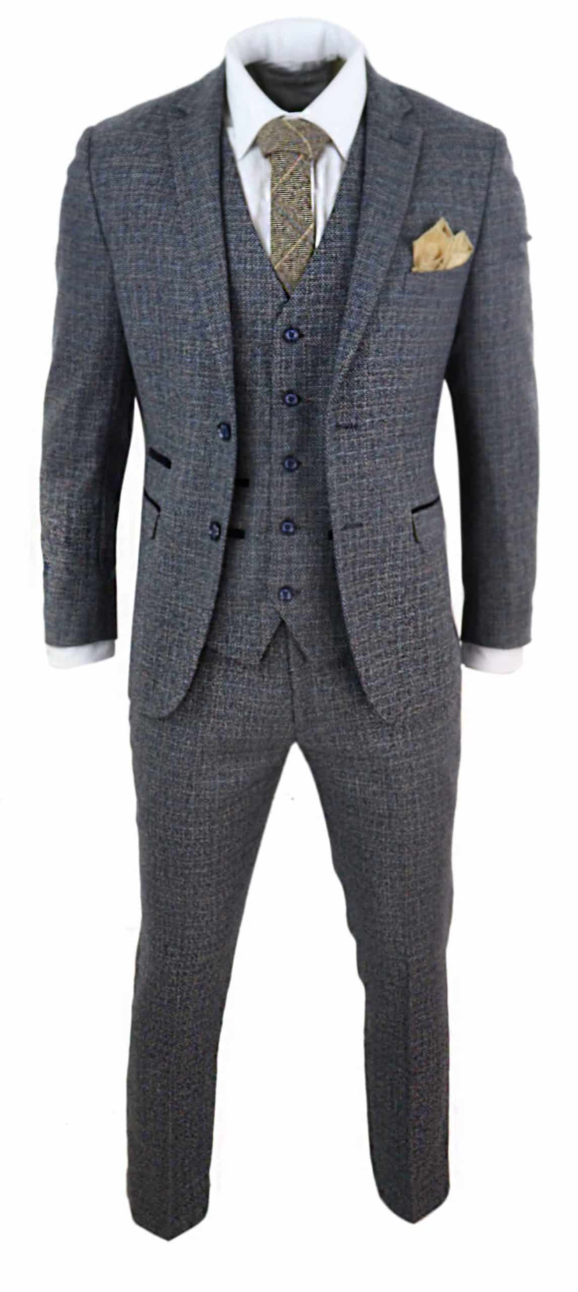 Terno masculino de tweed xadrez de 3 peças - Azul marinho