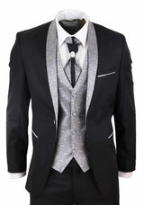 Terno masculino de 4 peças com lapela xale - Preto/Prateado