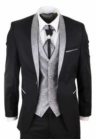 Terno masculino de 4 peças com lapela xale - Preto/Prateado