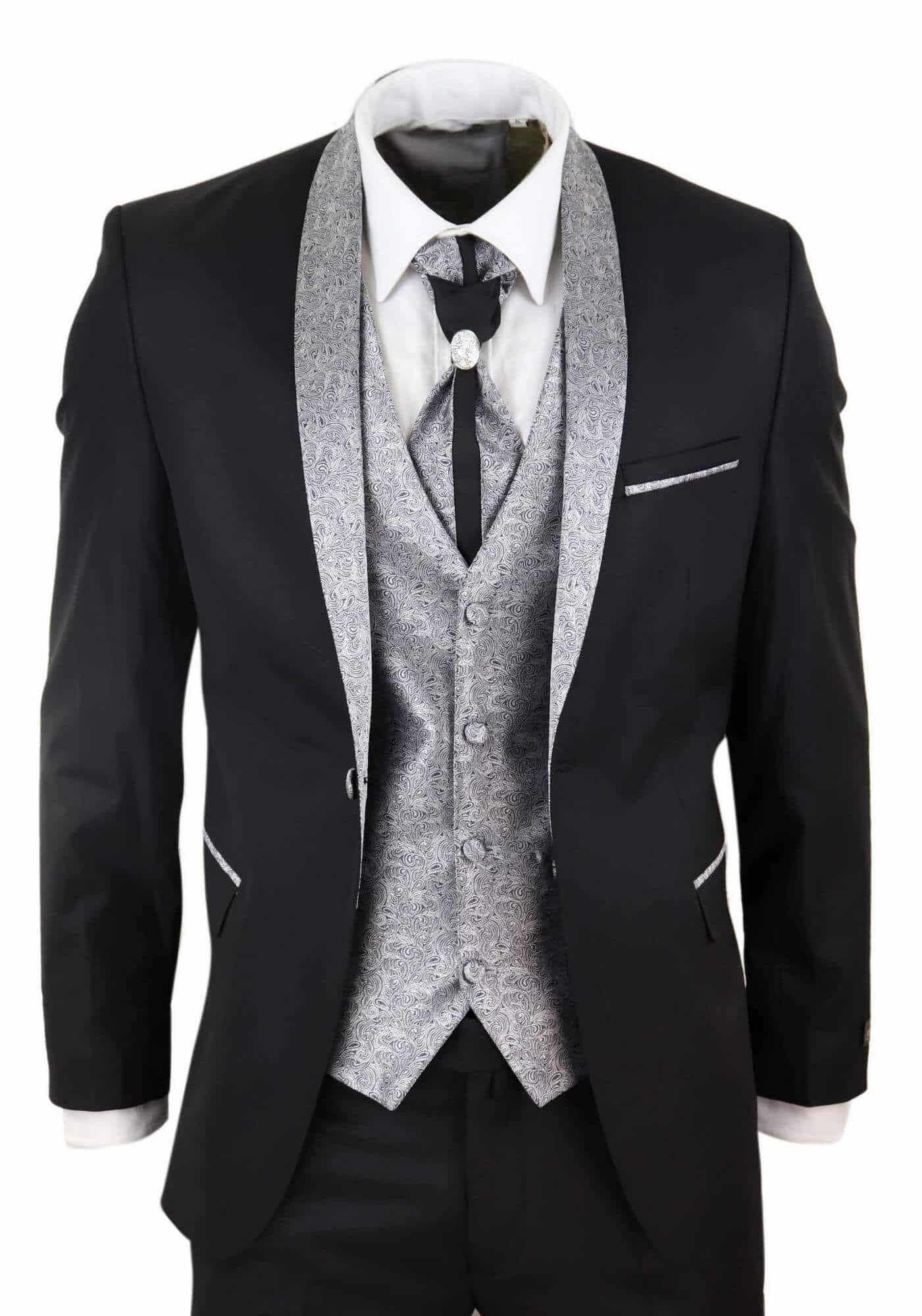 Terno masculino de 4 peças com lapela xale - Preto/Prateado