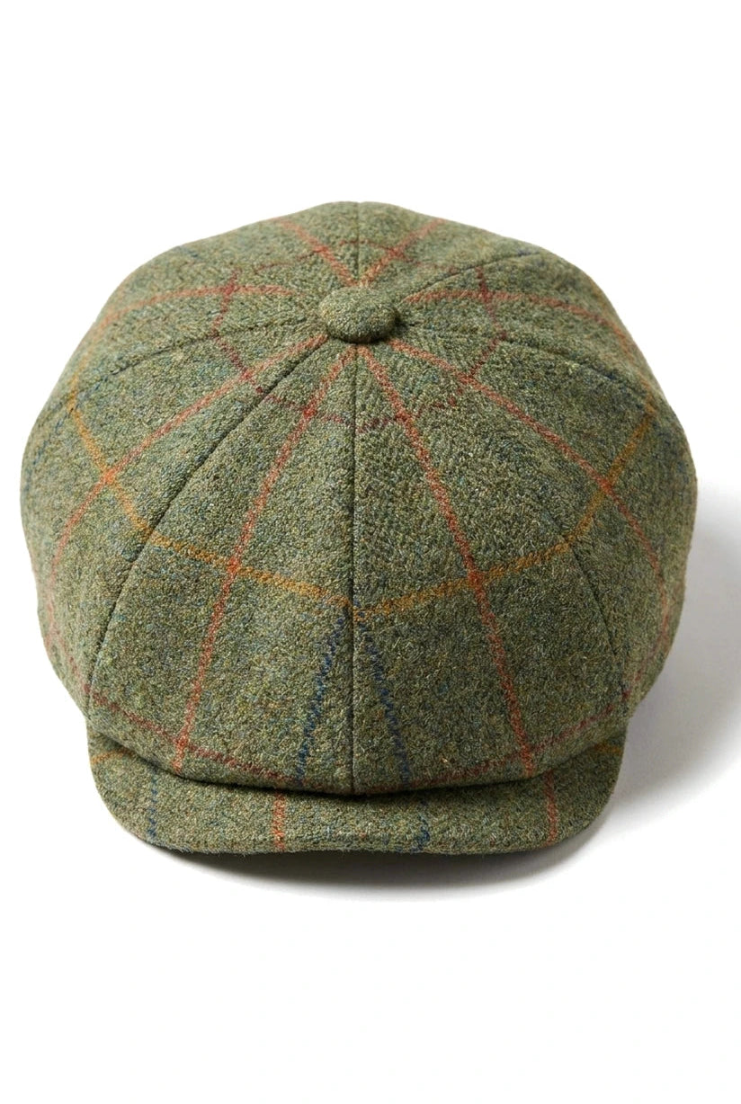 Chapéu Razor masculino de 8 painéis em tweed, modelo Newsboy com estampa xadrez verde.