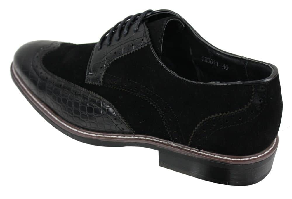 Sapatos Brogue Gatsby Vintage Masculinos em Camurça Preta e Marrom com Detalhe de Pele de Cobra