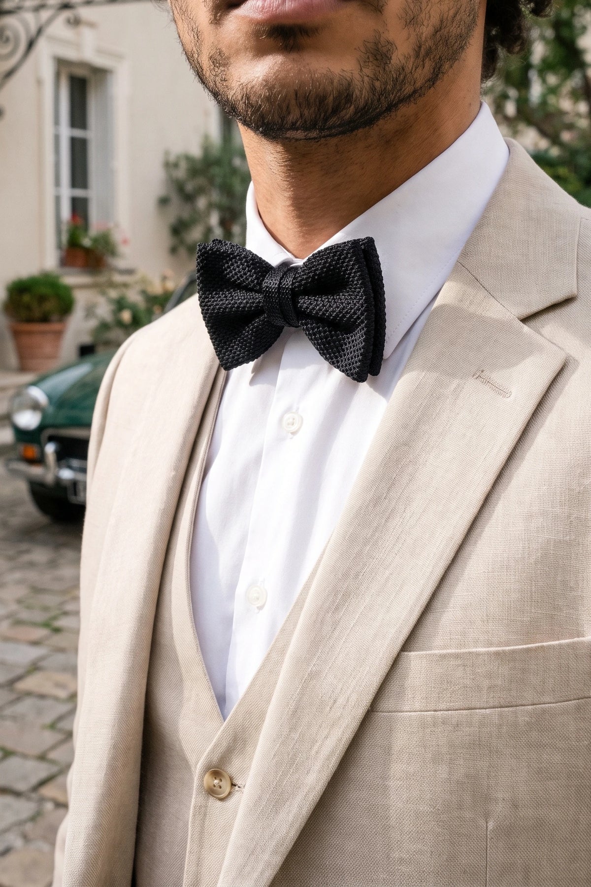 Gravata borboleta preta de tricô masculina