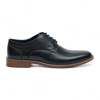 Sapatos Derby masculinos de couro preto polido, modelo liso, estilo formal.