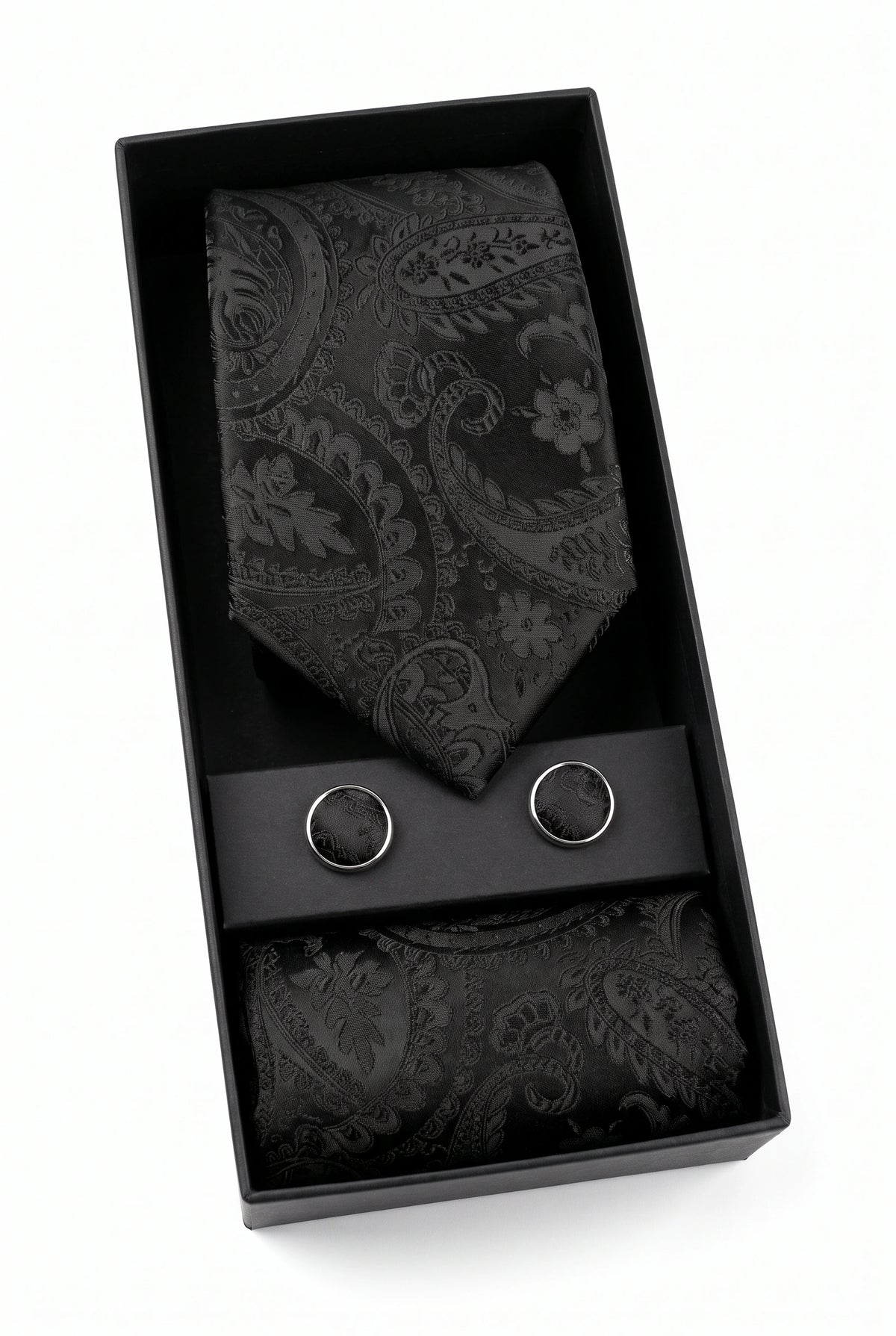 Conjunto de presente com gravata preta paisley para homem