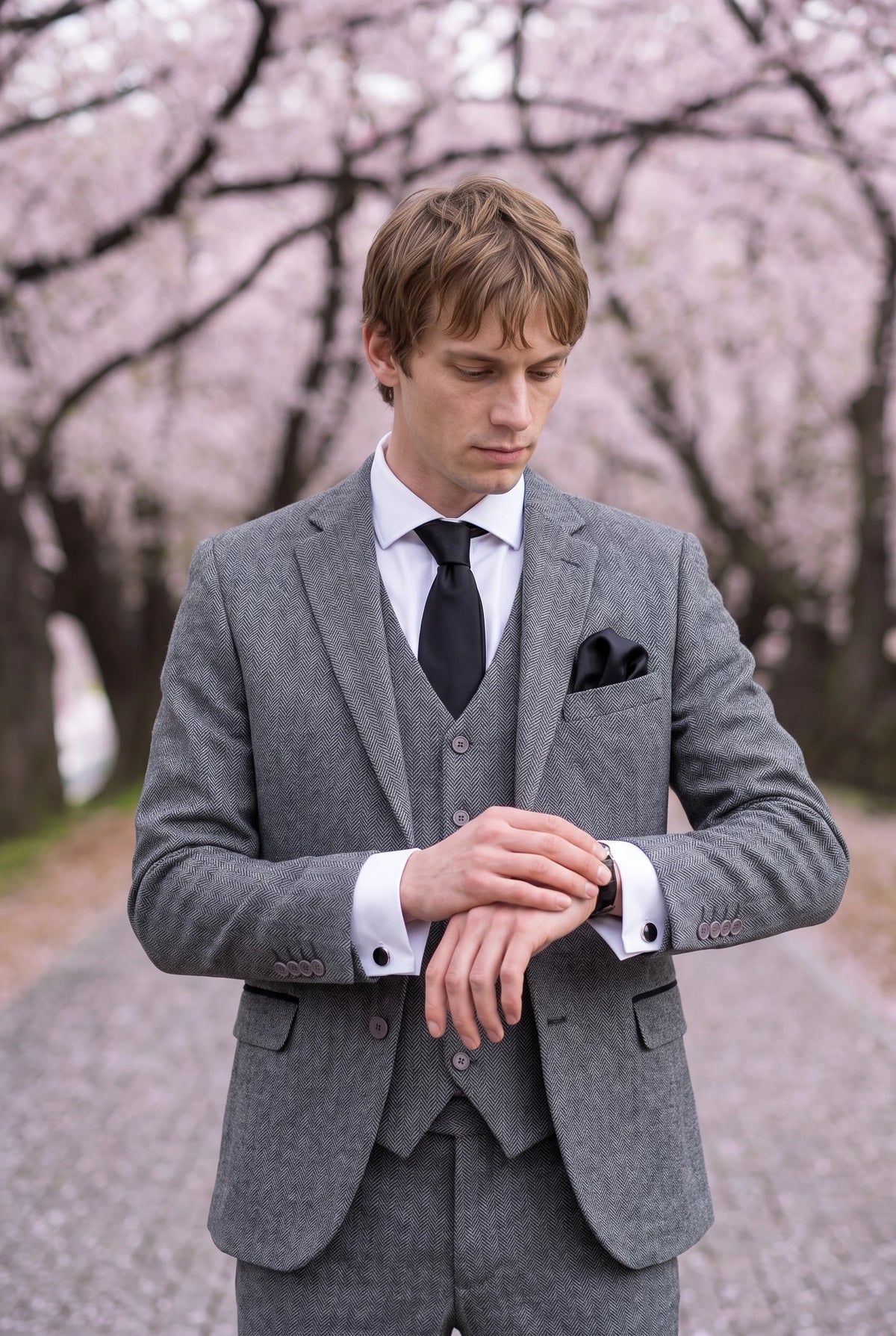 Conjunto masculino de gravata preta com lenço de bolso e abotoaduras.