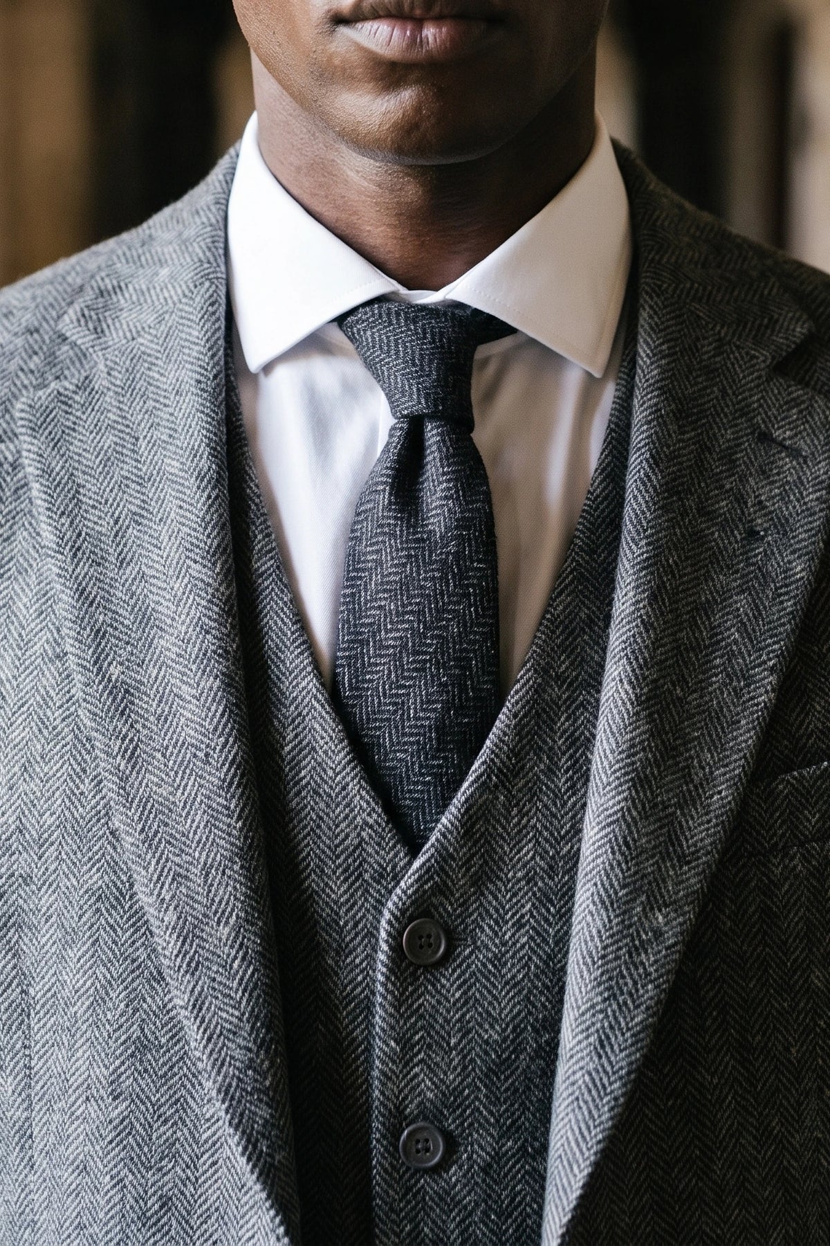 Gravata masculina preta em tweed de lã mista