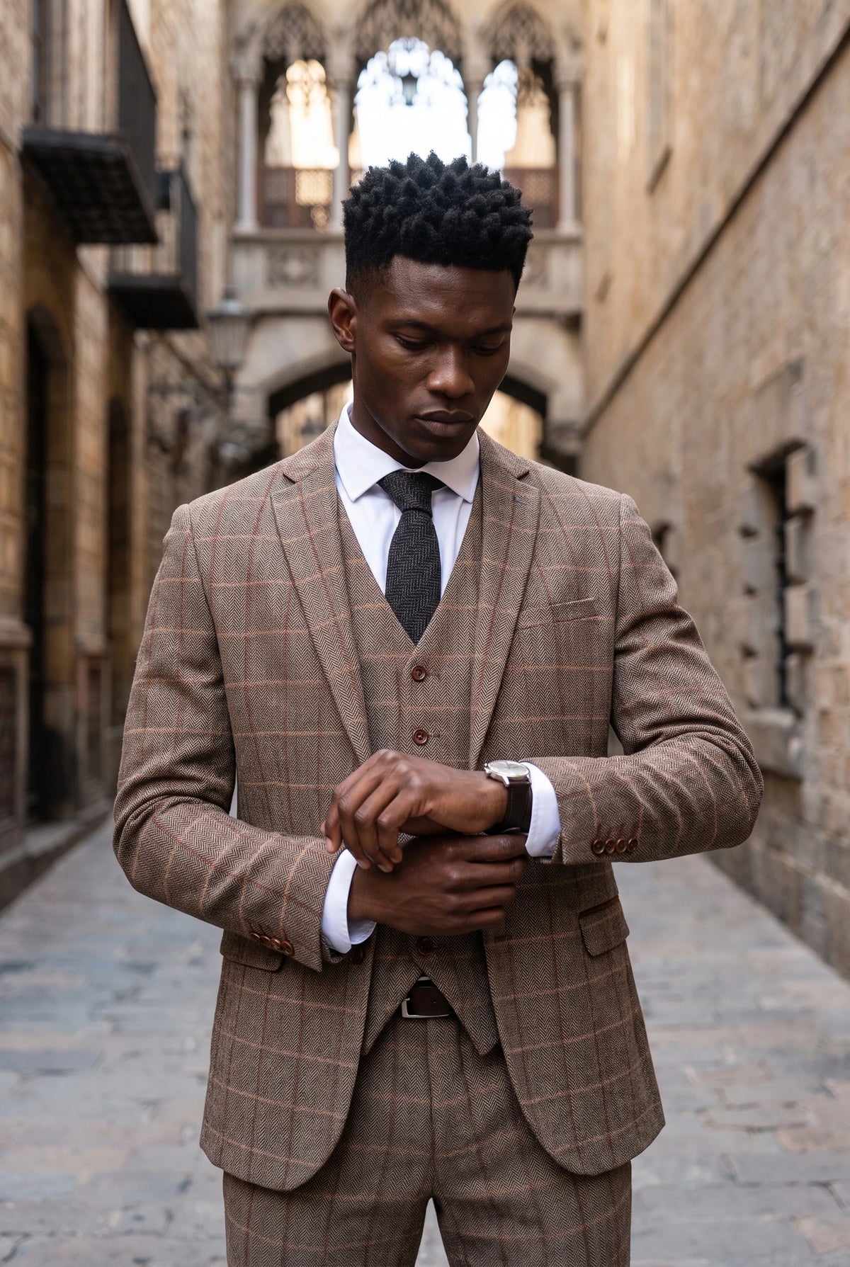 Gravata masculina preta em tweed de lã mista