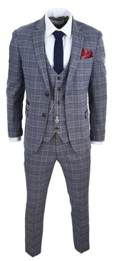 Terno masculino xadrez azul e cinza de 3 peças