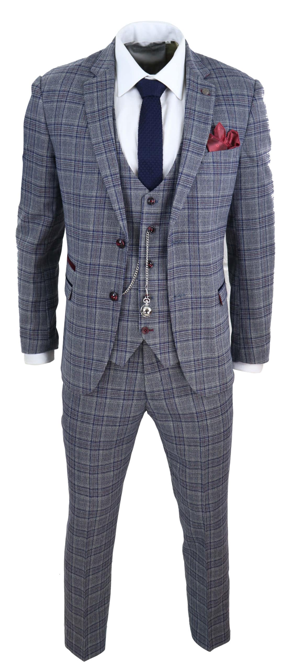 Terno masculino xadrez azul e cinza de 3 peças