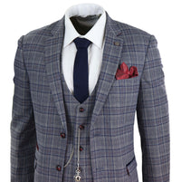 Terno masculino xadrez azul e cinza de 3 peças