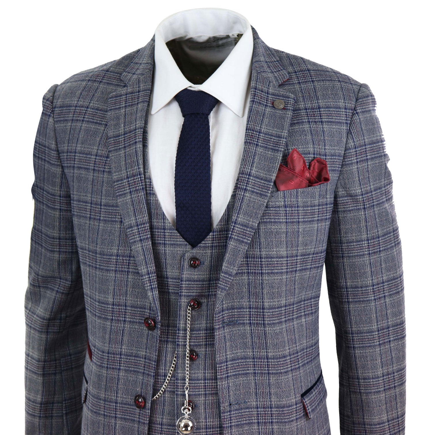 Terno masculino xadrez azul e cinza de 3 peças