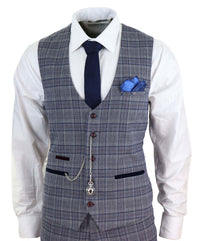 Terno masculino xadrez azul e cinza de 3 peças
