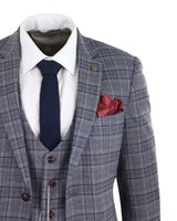 Terno masculino xadrez azul e cinza de 3 peças