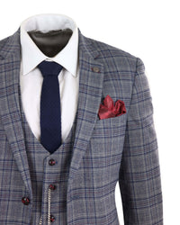 Terno masculino xadrez azul e cinza de 3 peças