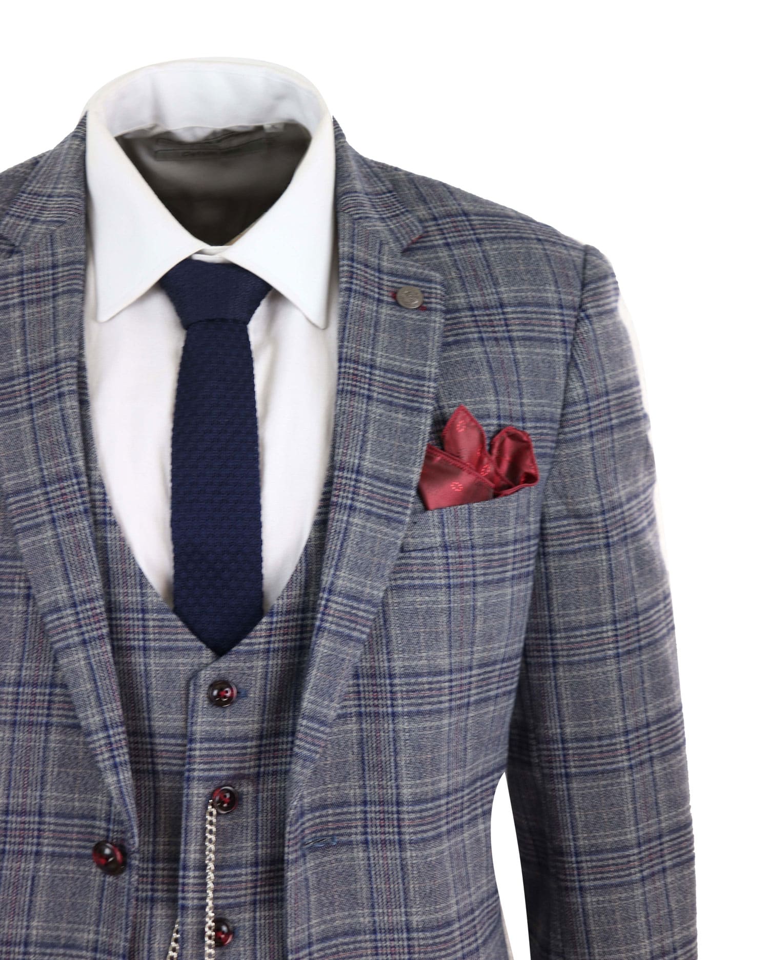 Terno masculino xadrez azul e cinza de 3 peças