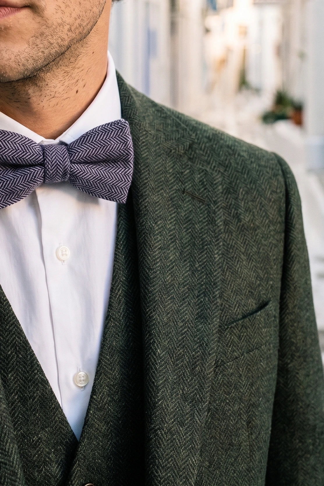 Gravata borboleta masculina azul em tweed espinha de peixe