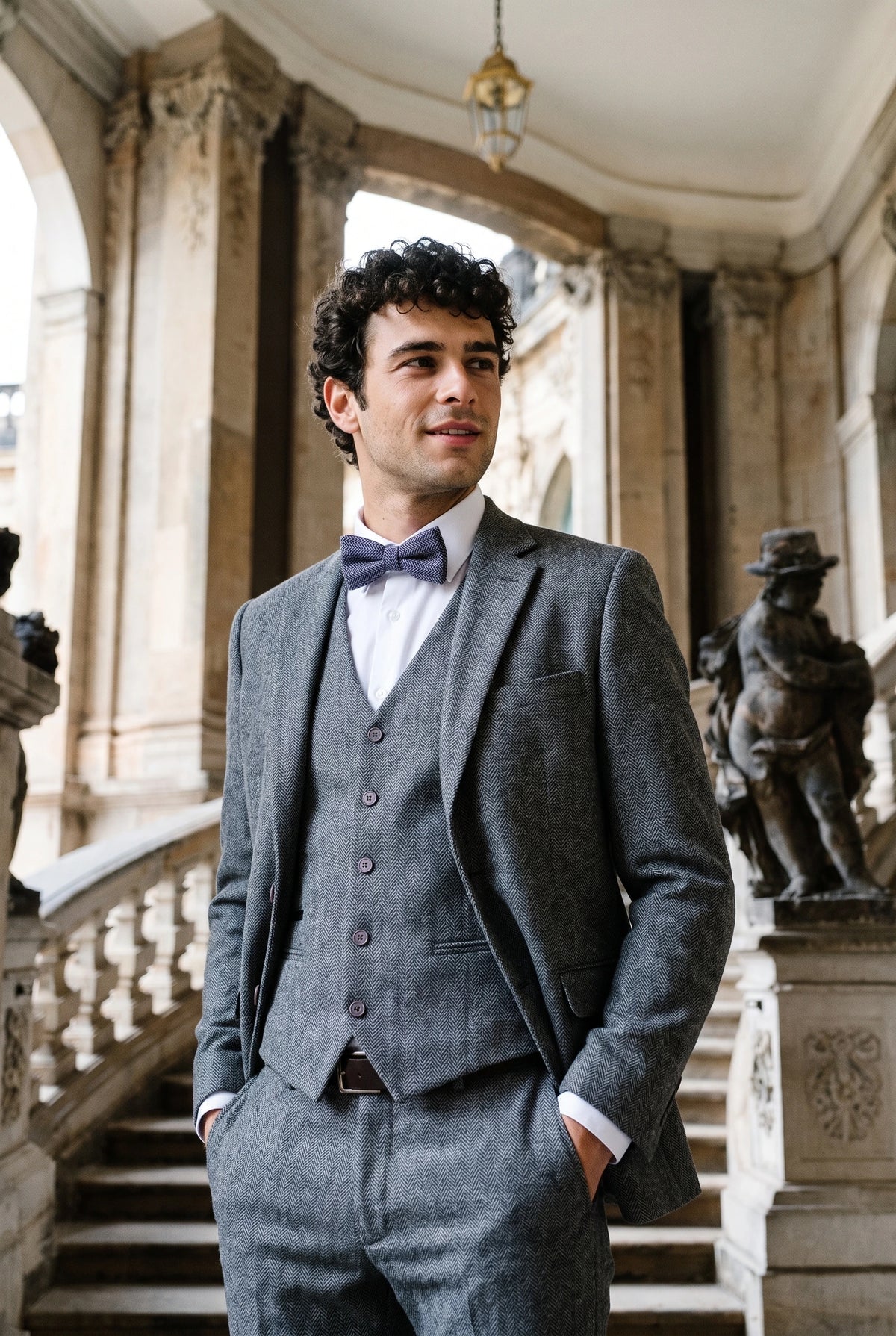 Gravata borboleta masculina azul em tweed espinha de peixe