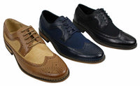 Sapatos Brogue Masculinos de Couro, Designer Italiano, Elegantes e Casuais, nas cores Marrom, Preto e Azul Marinho, Estilo Retrô