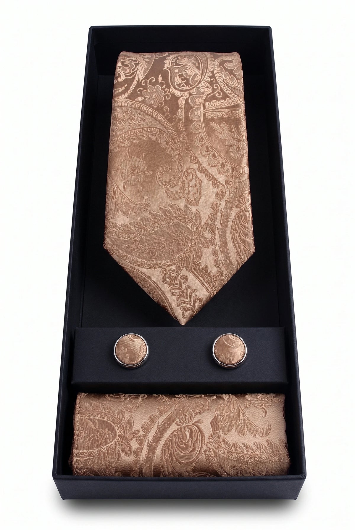 Conjunto de gravata masculina bronze com estampa paisley