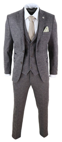 Terno masculino de tweed xadrez marrom de 3 peças - STZ17