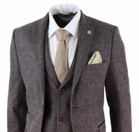 Terno masculino de tweed xadrez marrom de 3 peças - STZ17