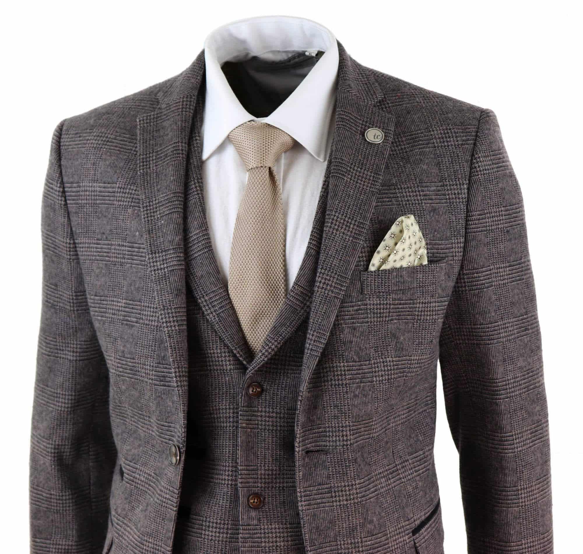 Terno masculino de tweed xadrez marrom de 3 peças - STZ17