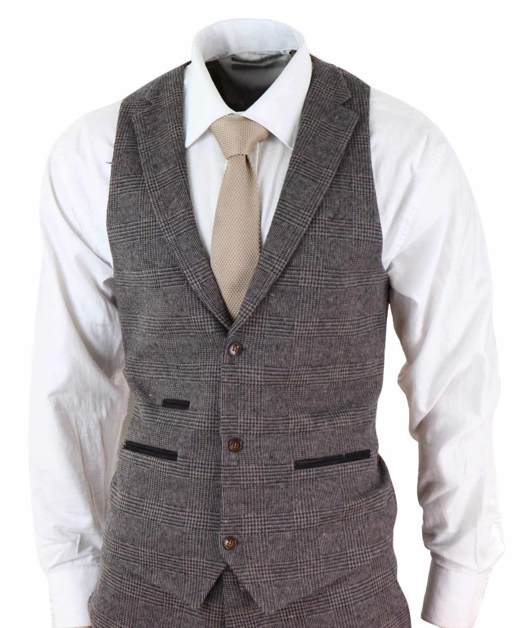 Terno masculino de tweed xadrez marrom de 3 peças - STZ17