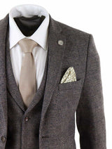 Terno masculino de tweed xadrez marrom de 3 peças - STZ17